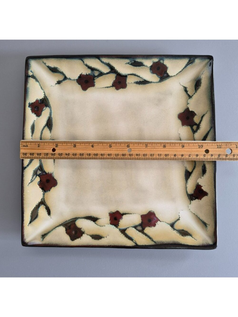 Mikasa Desert Bloom Square DINNER Plate, Glossy Stoneware Dark Red Floral, HEAVY - Picture 9 of 10